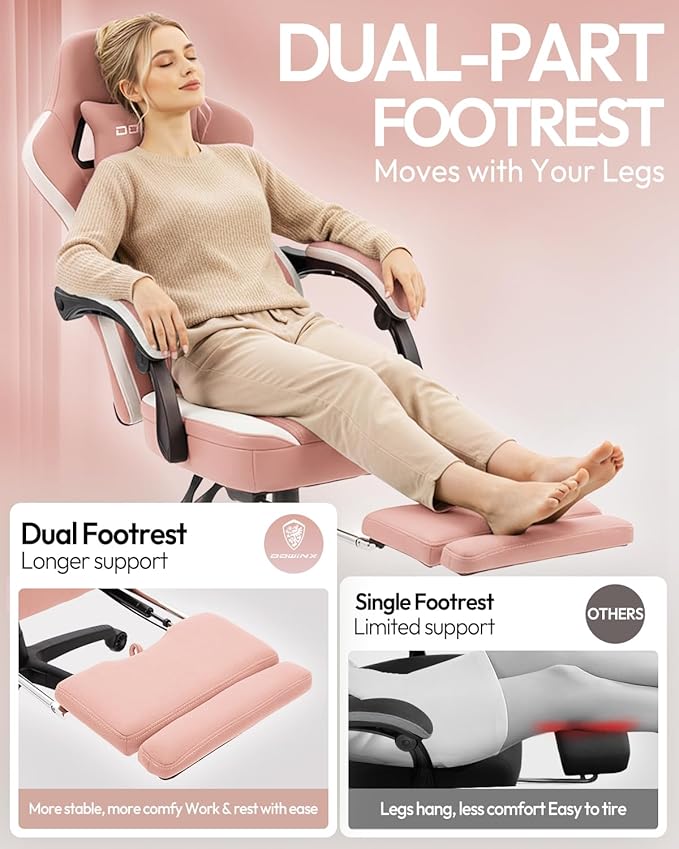 Dowinx Gaming Chair with Footrest, Breathable Fabric Gamer Chair with Gel Pad and Storage Bag, Ergonomic Office Chair with Lumbar Support for Home Task, Pink