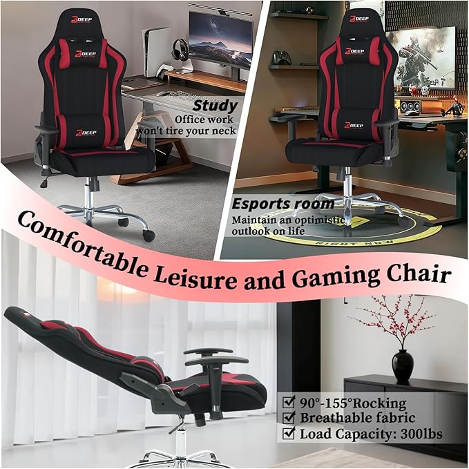 Ergonomic Fabric Gaming Chair with Footrest and Lumbar Support Racing Office Chair Adult-Specific Computer Gaming Chair Wrinkle-Resistant.(1005-Red)