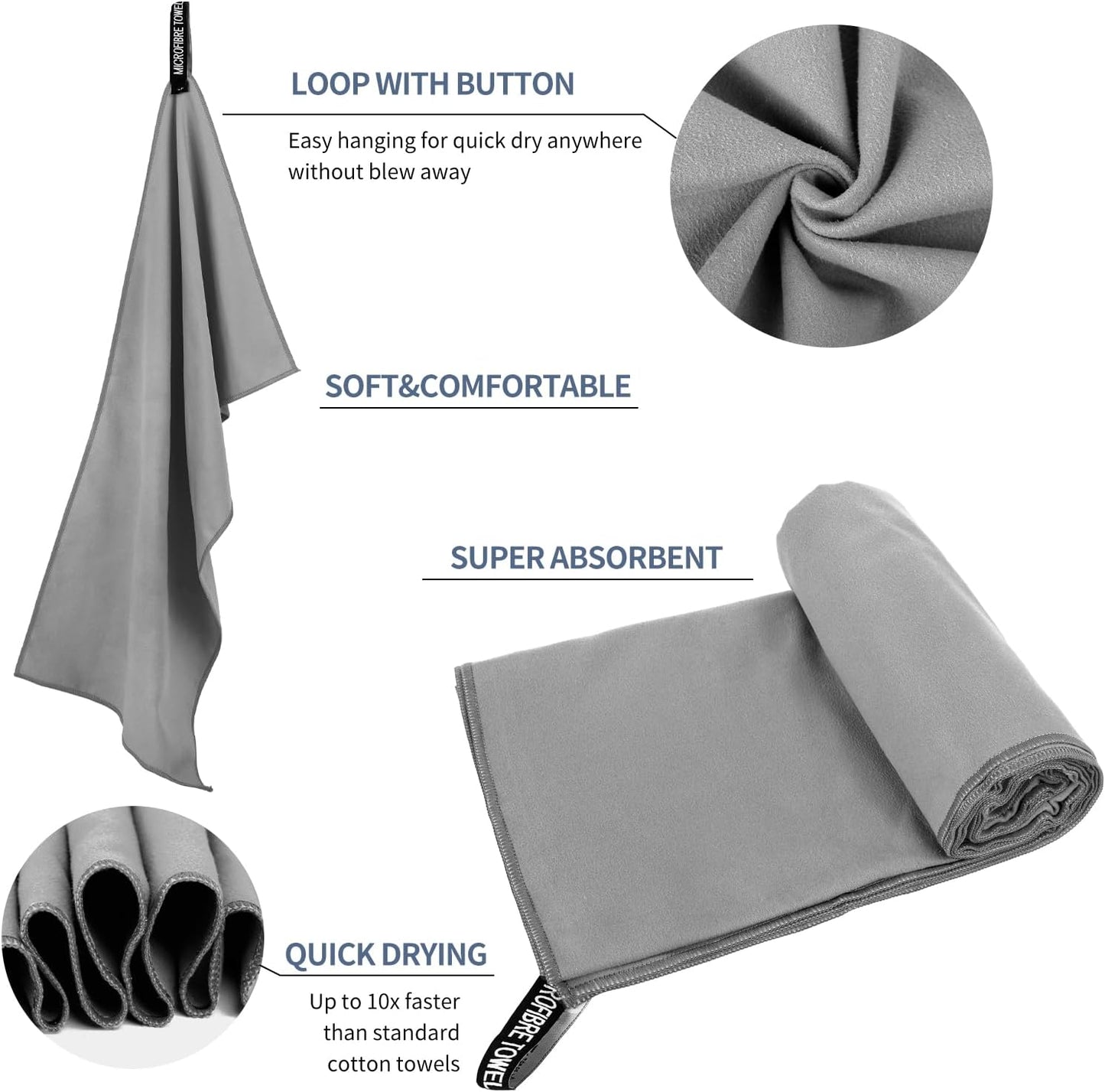 Microfiber Travel Towel, Soft Lightweight Quick Dry Towel, Super Absorbent Compact Travel & Sports & Beach Towels for Camping, Backpack, Gym, Swimming, Yoga, Hiking (L:24"×48" -Gray)