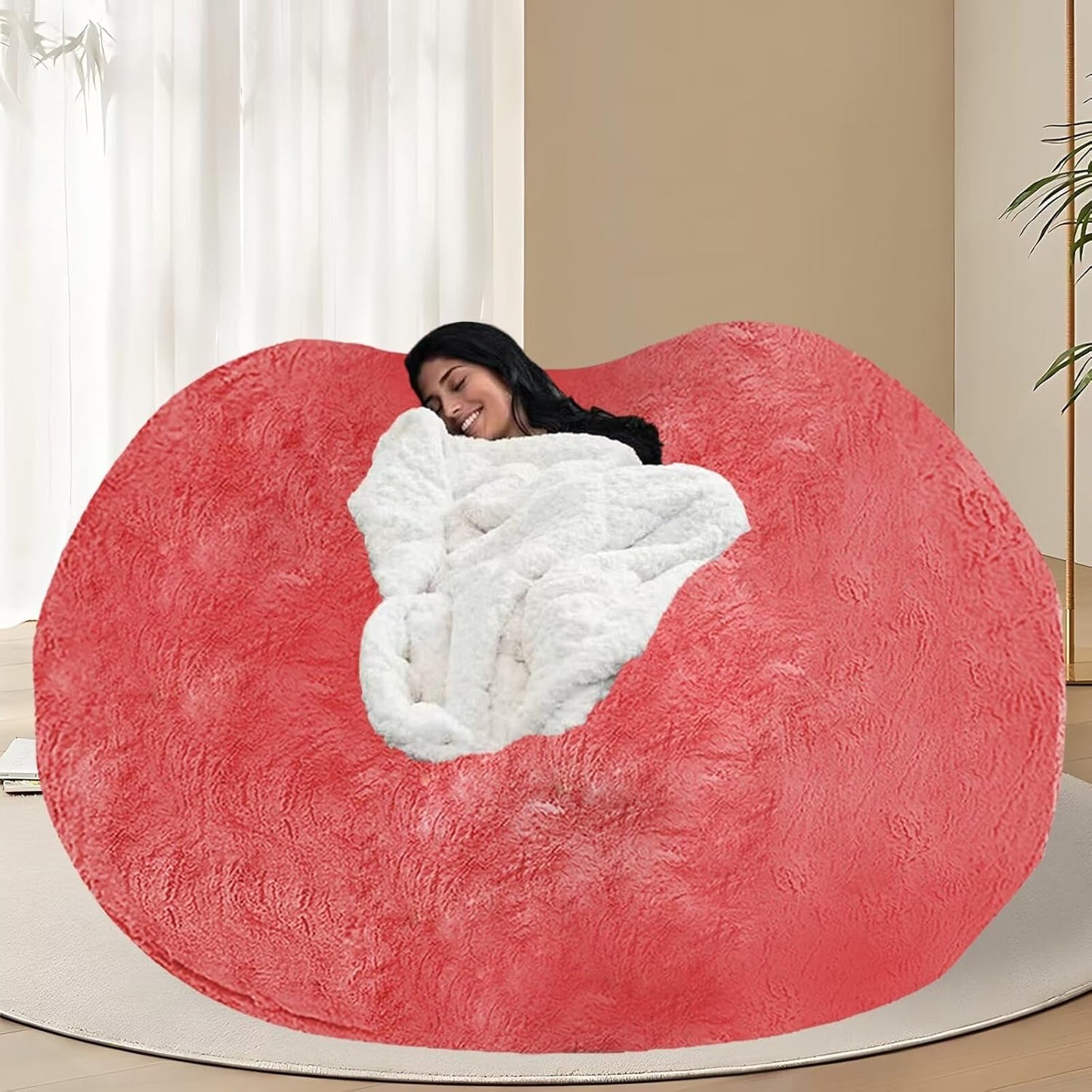 BCU 6FT Bean Bag Chair for Adults and Kids Without Filler Giant Stuffed Animal Storage Cover Soft Faux Fur Floor Chair Cover for Bedroom Living Room, Rose Red