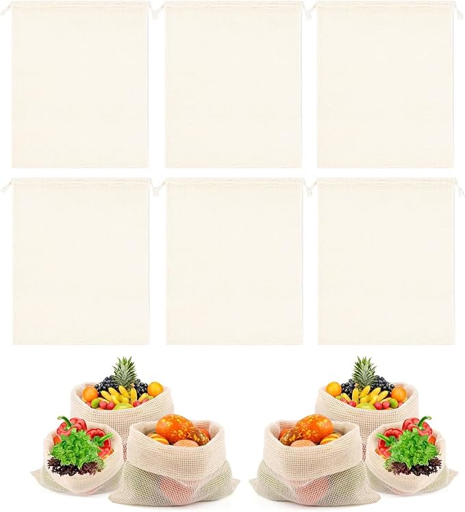 6PCS White Eco Friendly Organic Cotton Drawstring Mesh Bag 300mm Reusable Fruit and Vegetable Pouch