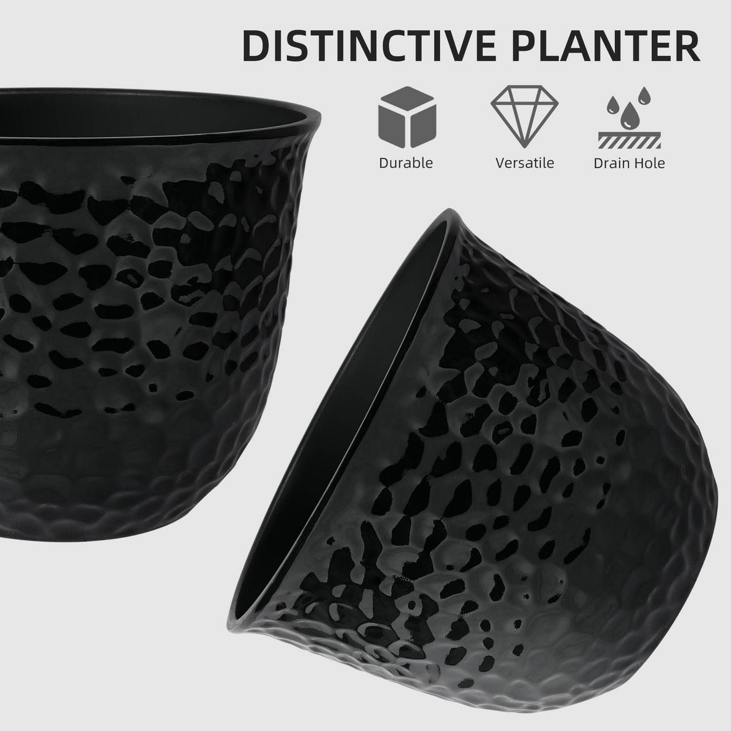 Worth Garden 2-Pack 15.5" Dia Planter - 11.8" H Large Round Glossy Black Plant Pots with Drain Hole - Lightweight Decorative Plastic Flower Pots for Indoor Outdoor Use, Front Porch, Home, Yard, Deck