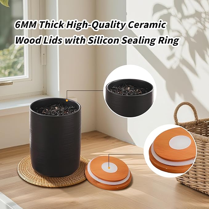 Food Storage Jar Strong Ceramic Storage Canisters with Airtight Wooden Lid,Kitchen Storage Containers for Serving Coffee Beans, Tea, Sugar, Salt, Spices (Medium black 27oz)