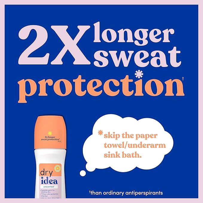 Dry Idea Unscented Roll On Deodorant & Antiperspirant for Women - Hypoallergenic for Sensitive Skin, 2X Longer Sweat Protection, 72Hr Sweat & Odor Protection, Womens Deodorant, 3.25oz (4 Pack)