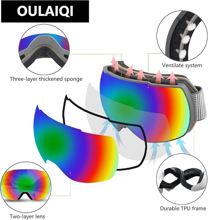 OULAIQI OTG Ski Goggles UV400 Anti-Fog Snowboard Glasses for Men Women Youth- Perfect for Skiing, Snowboarding,Winter Sports