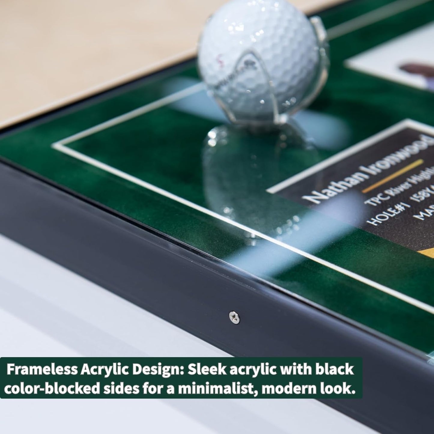 One-Shot Victory Golf Ball Display Frame – Acrylic Case with External Ball Mount, Custom Photo & Nameplate, Green Suede Mat, Elegant Golf Keepsake Gift
