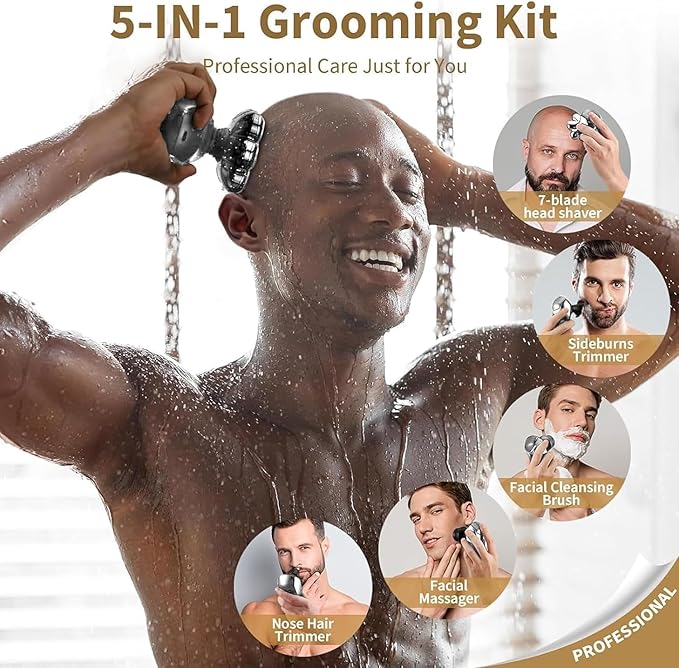 SHPAVVER Head Shavers for Bald Men: 5-in-1 Electric Razor - IPX7 Waterproof Shaving Grooming Kit for Balder - Turbo Speed & Precision Blades (White Silver)