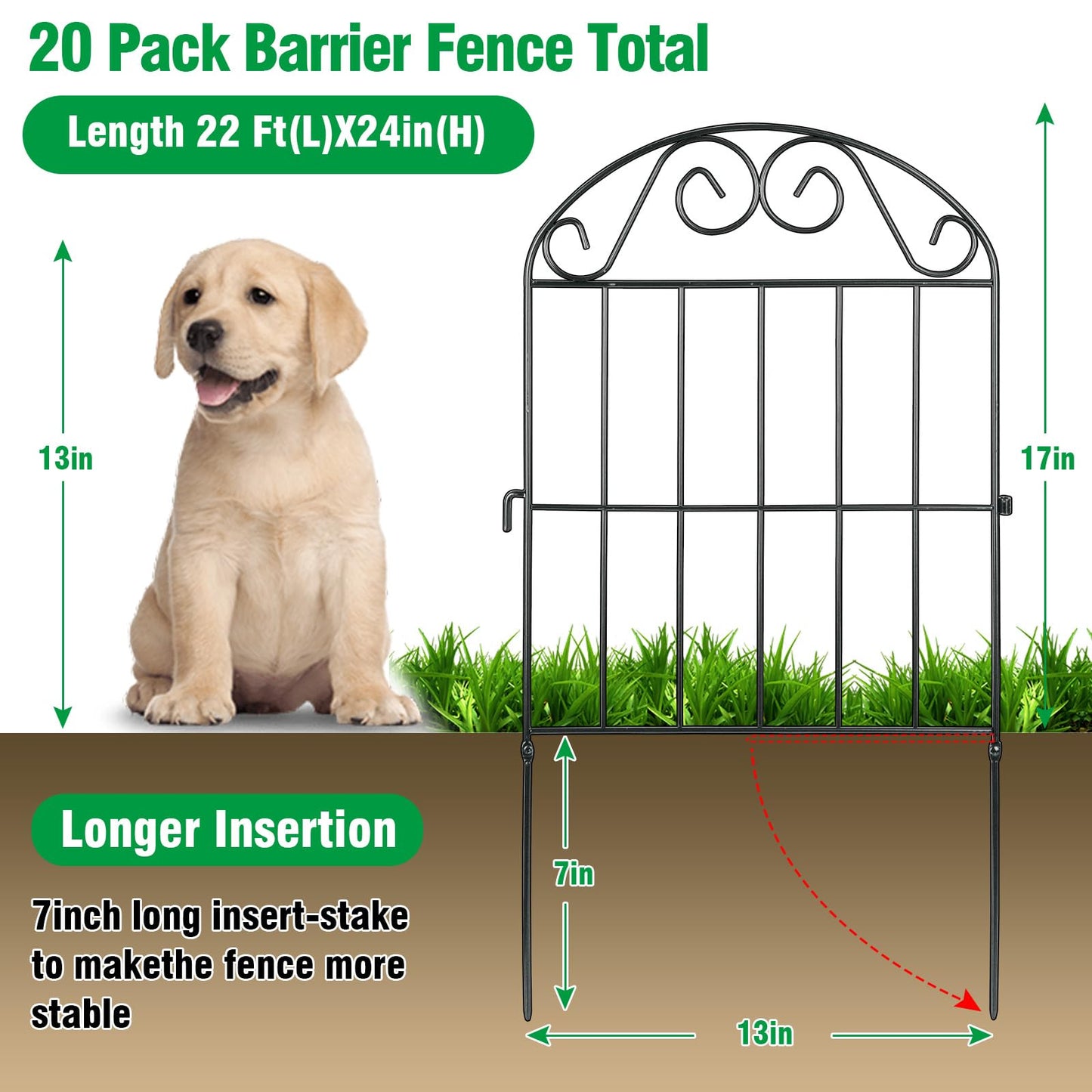 ADAVIN 20 Panels Collapsible Garden Fence Animal Barrier, 20 Ft(L) x 24 in(H) Black Rustproof Metal Wire Panel Border for Dogs Rabbits, Flower Edging for Landscape Patio Yard Outdoor Decor, Arched