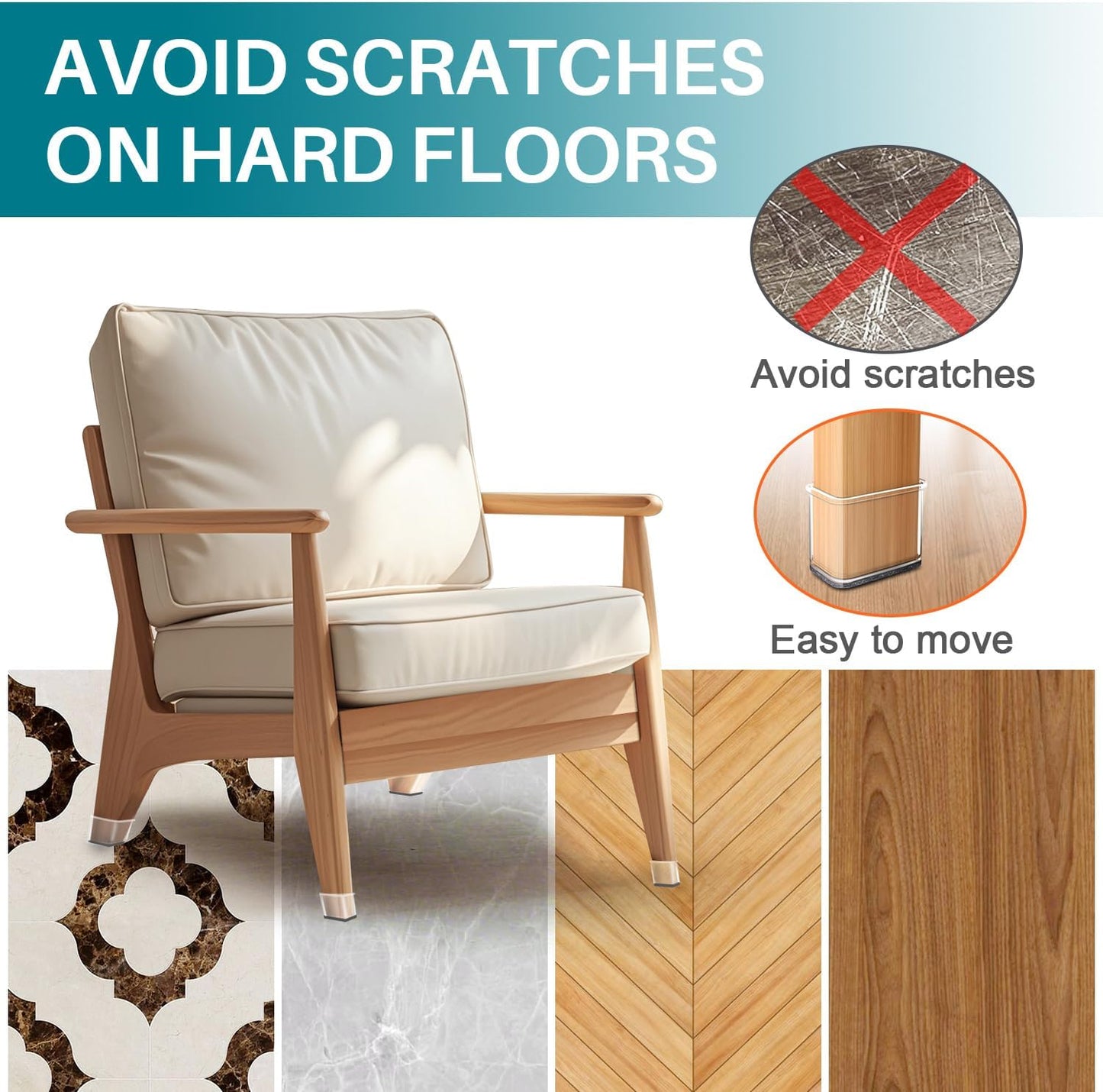 24 Pcs Chair Leg Floor Protectors Rectangle, Silicone Felt Furniture Leg Pads Caps Covers for Hardwood Floors (Fit Perimeter 3-3/4" to 4-7/8")