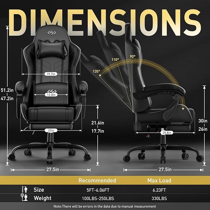 HLDIRECT Gaming Chair, Ergonomic Video Game Seat with 360° Swivel & Lumbar Massage, Computer Chair PU Leather Cushion for Adults Home/Office Use (Black)