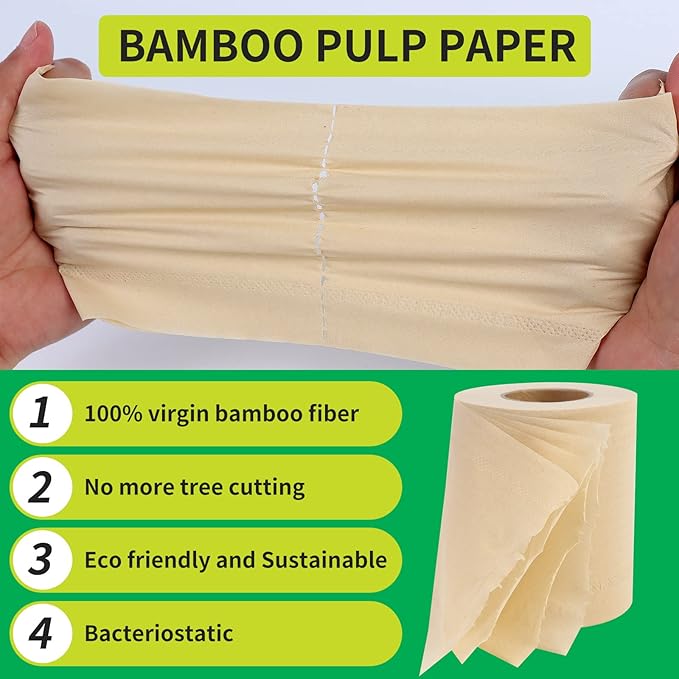 Bamboo Toilet Paper, 4-Ply, 18 Rolls, 200 Sheets Per Roll, Total 3600 Sheets, Unbleached, Sustainable and Tree Free, Soft, Strong, Earth-Friendly