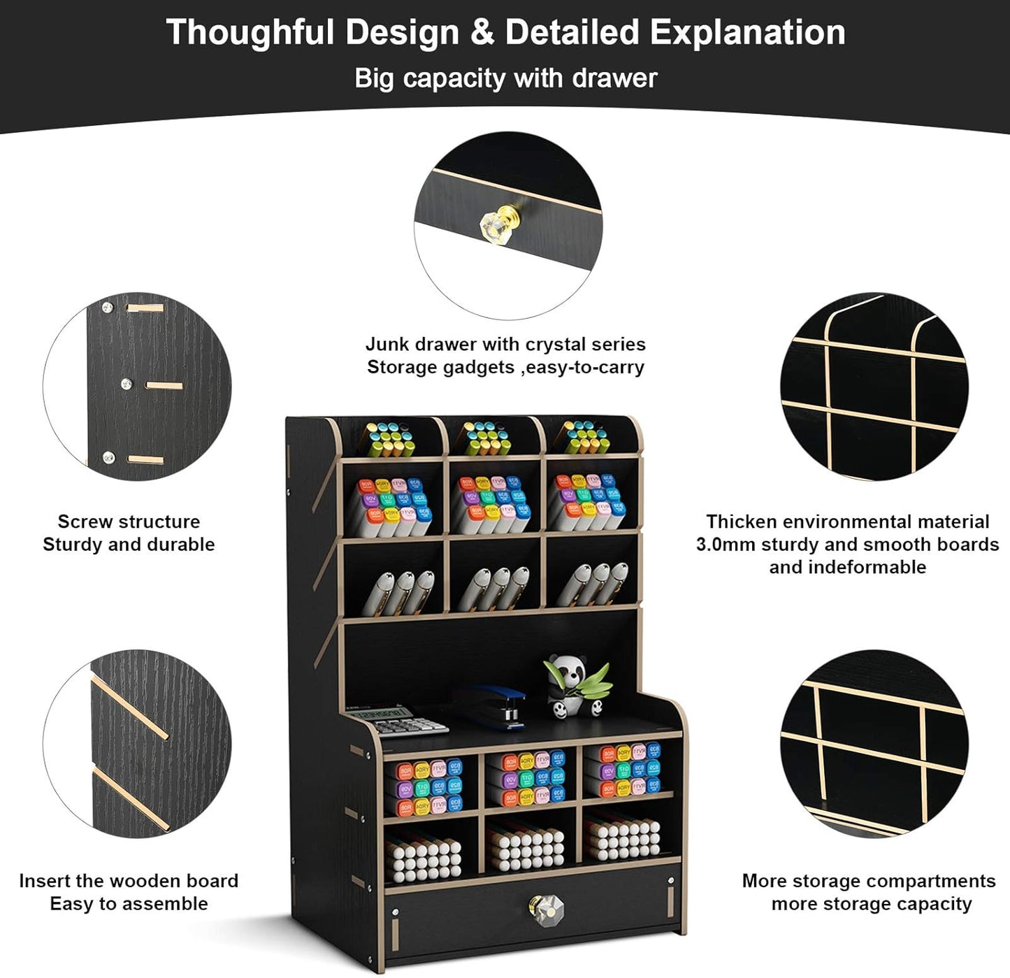 Marbrasse Wooden Desk Organizer, Multi-Functional Pen Holder, Desktop Stationary Organizer, Storage Rack for School Home Office Art Supplies (B16-Black)