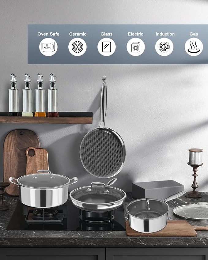 FogDream 5 Pcs Stainless Steel Cookware Set, 9.5in Non Stick Frying Pan, 5-Quart Soup Pot & 2.3-Quart Sauce Pan with 2 Lids, Stay-Cool Handles, Dishwasher & Oven-Safe, Induction Compatible, Silver