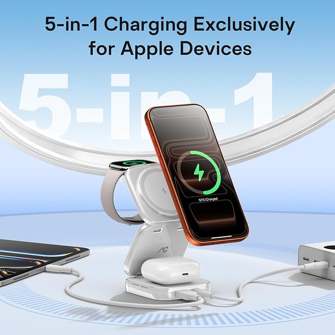 5-in-1 Wireless Charger for MagSafe, AC ISLAND Portable Travel Charging Station, 35W Max Fast Foldable Magnetic Stand, Evolved for iPhone 17-12 & Air Series, Apple Watch, AirPods (with 35W Adapter)