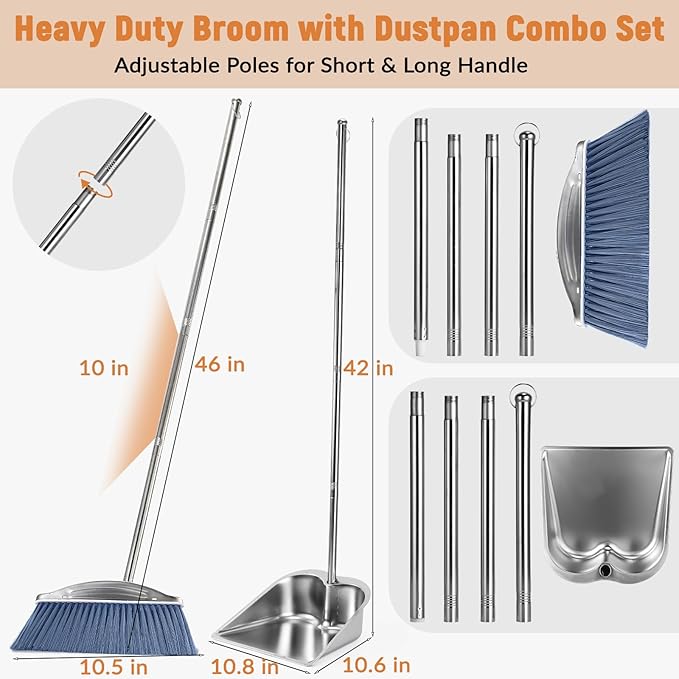 VOOWO Broom with Dustpan Combo Set, 46" Stainless Steel Broom and Dustpan Set for Home, Heavy Duty Dust Pan with Long Handle, Broom for Sweeping Indoor and Outdoor, Kitchen Broom and Dust Pan (Grey)