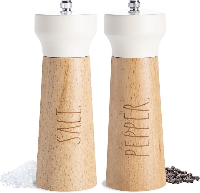 Rae Dunn Salt and Pepper Grinder Set of 2 - Bamboo Sea Salt Pepper Grinder - Classy Salt and Pepper Shakers - Pepper Mill & Salt Mill, Cream
