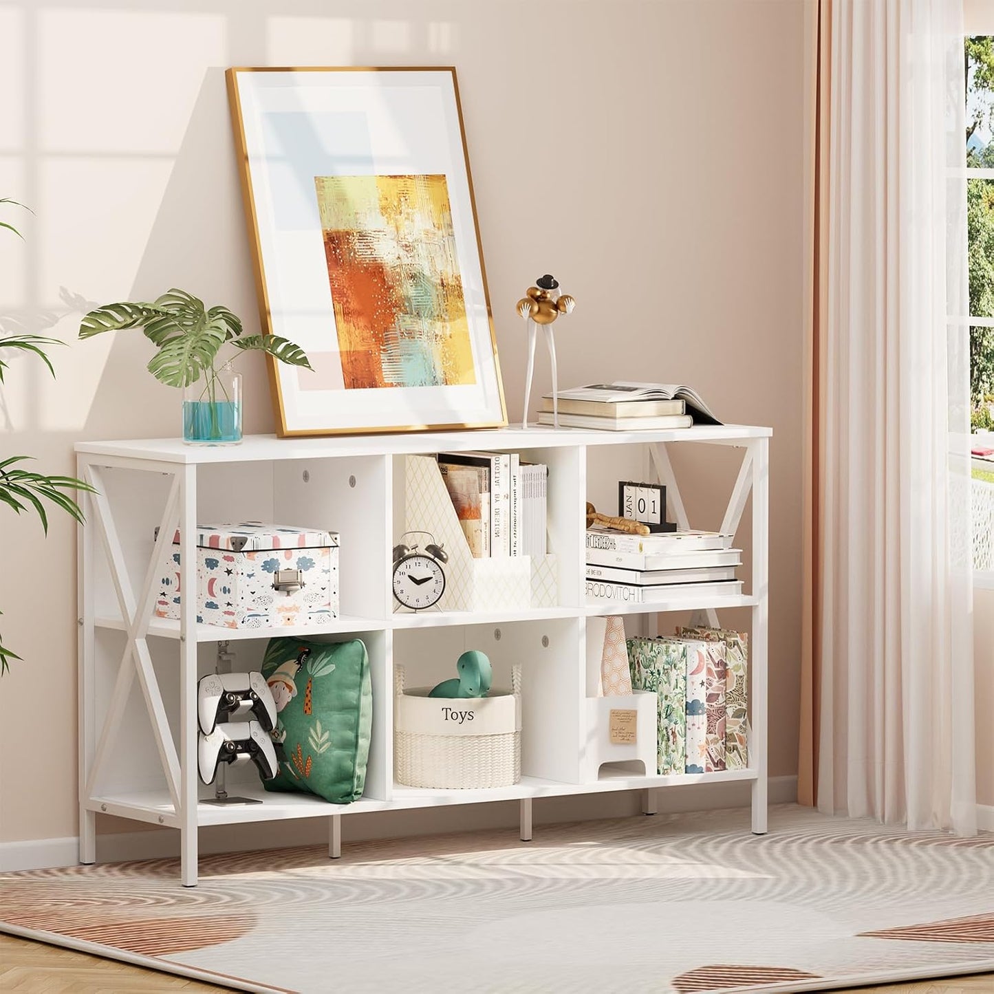 Horizontal Bookshelf Bookcase,6 Cube Storage Organizer with Open Shelf,47 Inch Industrial Low Wide Wood and Metal Cubby Shelf,Long Shelving Unit for Home Office Living Room(White,6 Cube)