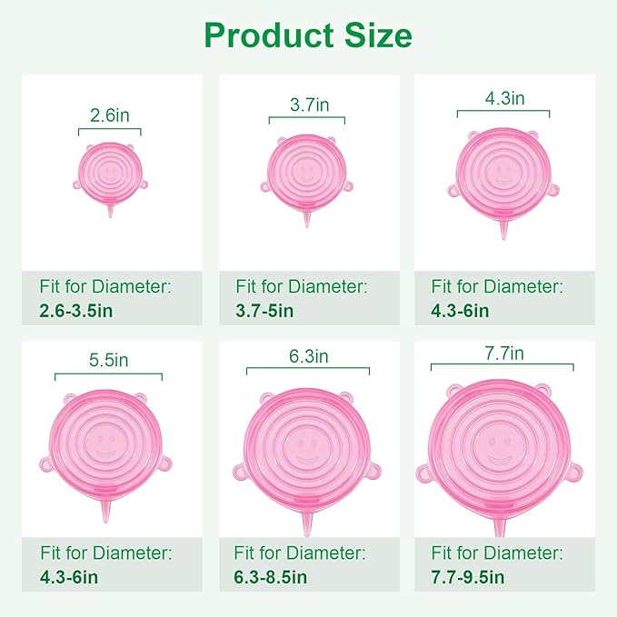 Silicone Stretch Lids – 6 Pack Reusable Food Covers,Flexible Silicone for Bowls, Containers, Fruits – Airtight & Leakproof Seal for Kitchen Storage(pink)