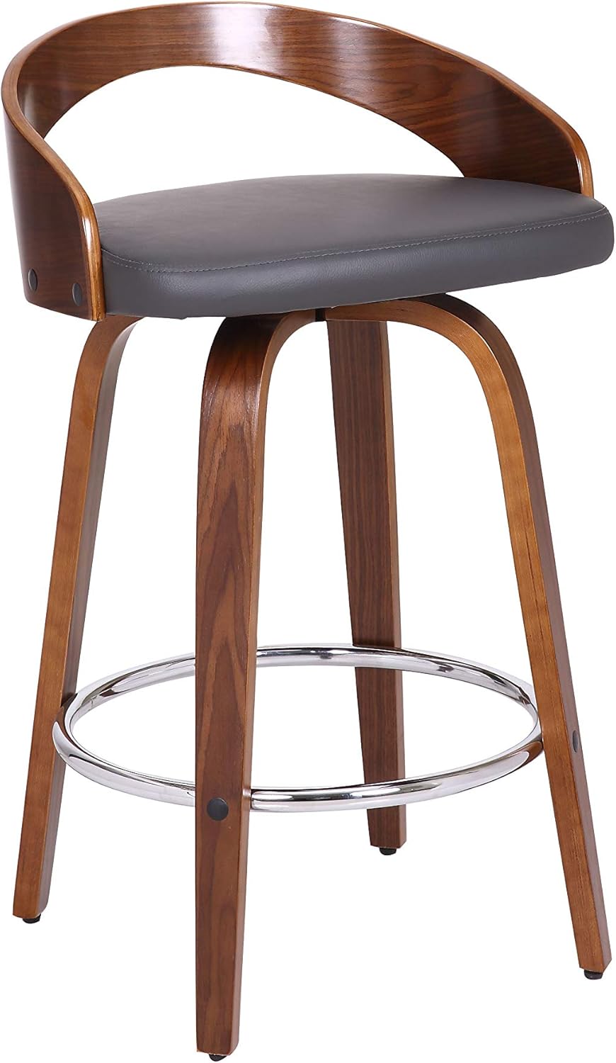 Armen Living Sonia 26" Counter Height Swivel Gray Faux Leather and Walnut Wood Bar Stool - Set of 2