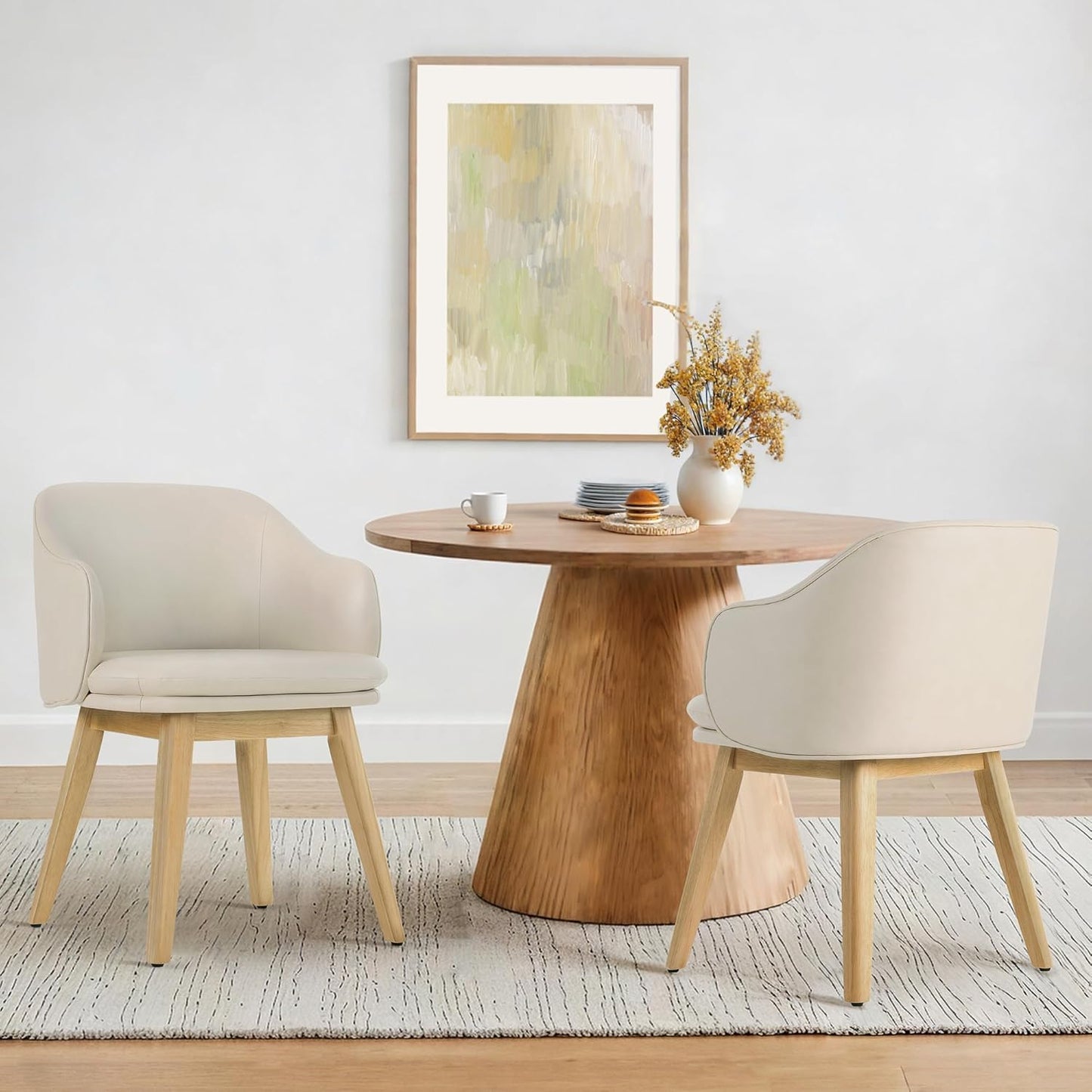 Wooden Dining Chairs Set of 2, Faux Leather Upholstered Modern Dining Room Chairs with Barrel Backrest & Double-Layer Thick Cushion for Living Room, Restaurant, Kitchen and Café, Beige