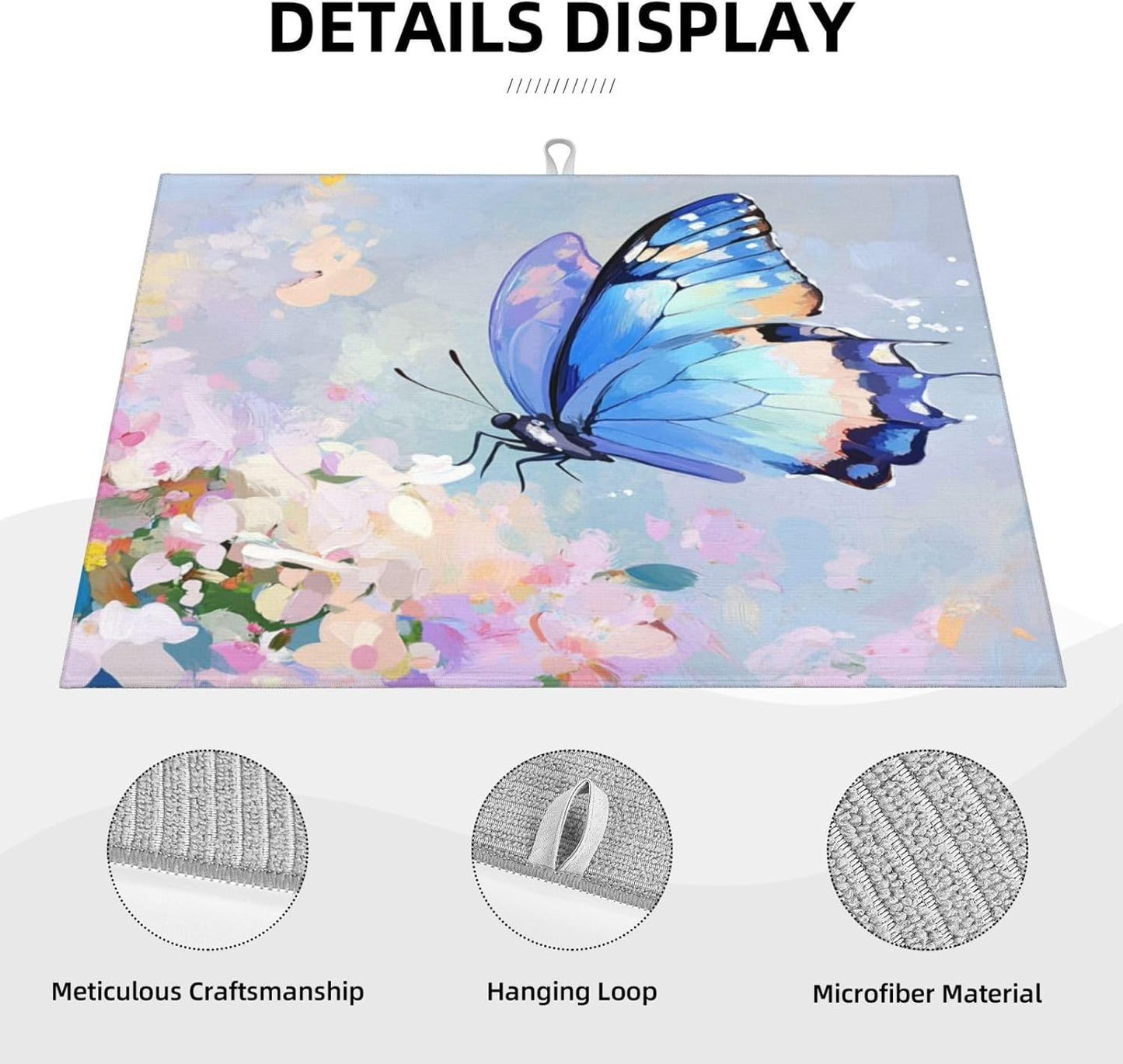 Dish Drying Mat for Kitchen Butterfly Flower Oil Painting Counter Absorbent Dishes Drainer Microfiber Large 18x24 Inch