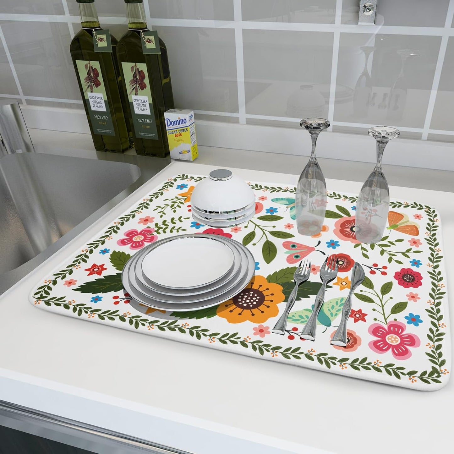 Colorful Boho Floral Dish Drying Mat 18x24 Inch Dishes Dry Pad Drainer Rack Mats Absorbent Hanging Loop Kitchen Counter Bar Accessories