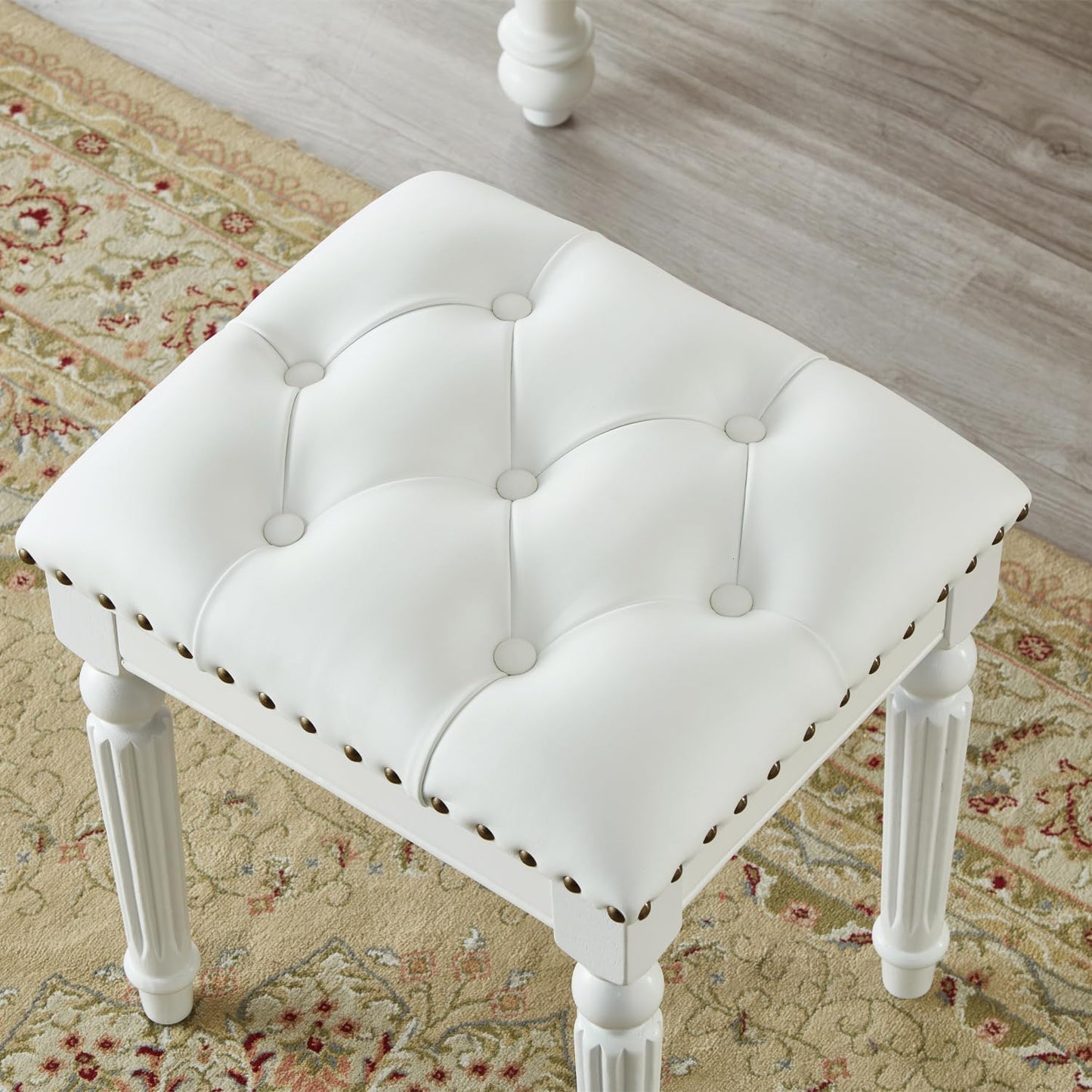 Vanity Bench Stool with Microfiber Leather Cushion, Vanity Chair Ottoman Dressing Stool with Solid Wood Legs for Bedroom, Makeup Room, Dressing Room (White)