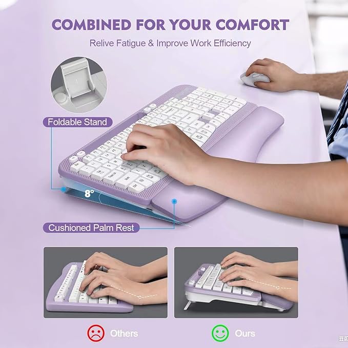 Wireless Keyboard and Mouse Combo, Wave Keys Full-Sized Ergonomic Keyboard with Cushioned Plam Rest, Phone Holder, Comfortable Natural Typing, 2.4G Cordless Set for Computer, Laptop, Pc, Mac, Windows