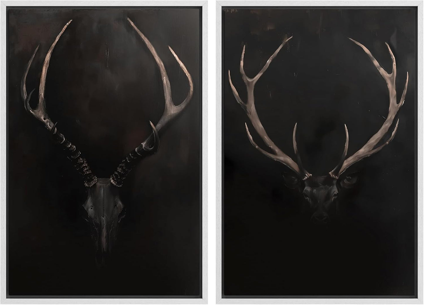 SIGNWIN Framed Canvas Print Wall Art Rustic Antler Skull Dark Dramatic Black Vintage-Inspired Deer and Elk Antlers Illustrations Decorative for Living Room, Bedroom, Office - 16"x24"x2 White