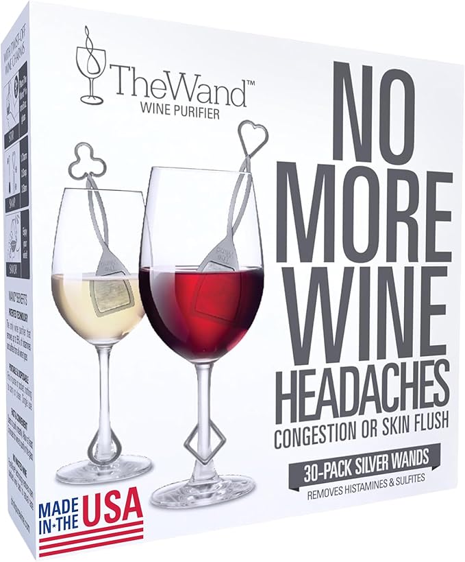 PureWine The Wand Wine Purifier - Red & White Wine Filters for Histamines & Sulfites, Sulfite Remover Sticks, Helps Allergies & Headaches, Gift Accessories for Women & Men - 30 Wands, Silver