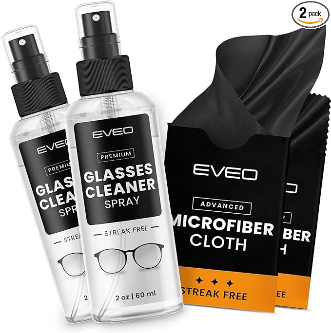 EVEO Glasses Cleaner Spray - Eyeglass Cleaner (No Streaks)| x2 Eye Glass Cleaners Spray + x2 Lens Cleaner Microfiber Cleaning Cloth, Glasses Cleaning Kit Eye Glasses Cleaner Spray & Cloth - 4oz(2ozx2)