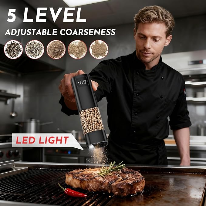 Upgraded Larger Capacity Electric Salt and Pepper Grinder Set Rechargeable with Digital Display, Refillable Electric Pepper Grinder Mill Set with Light & Ceramic Core, Adjustable Coarseness