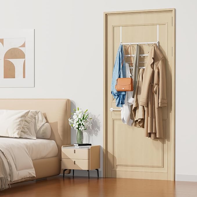 Consumest Over The Door Organizer - 4 Tier Door Hanger Hooks for Hanging Clothing, 24 Inches Long Coat Hanger for Bedroom, Bathroom, Laundry or Dorm Room, White