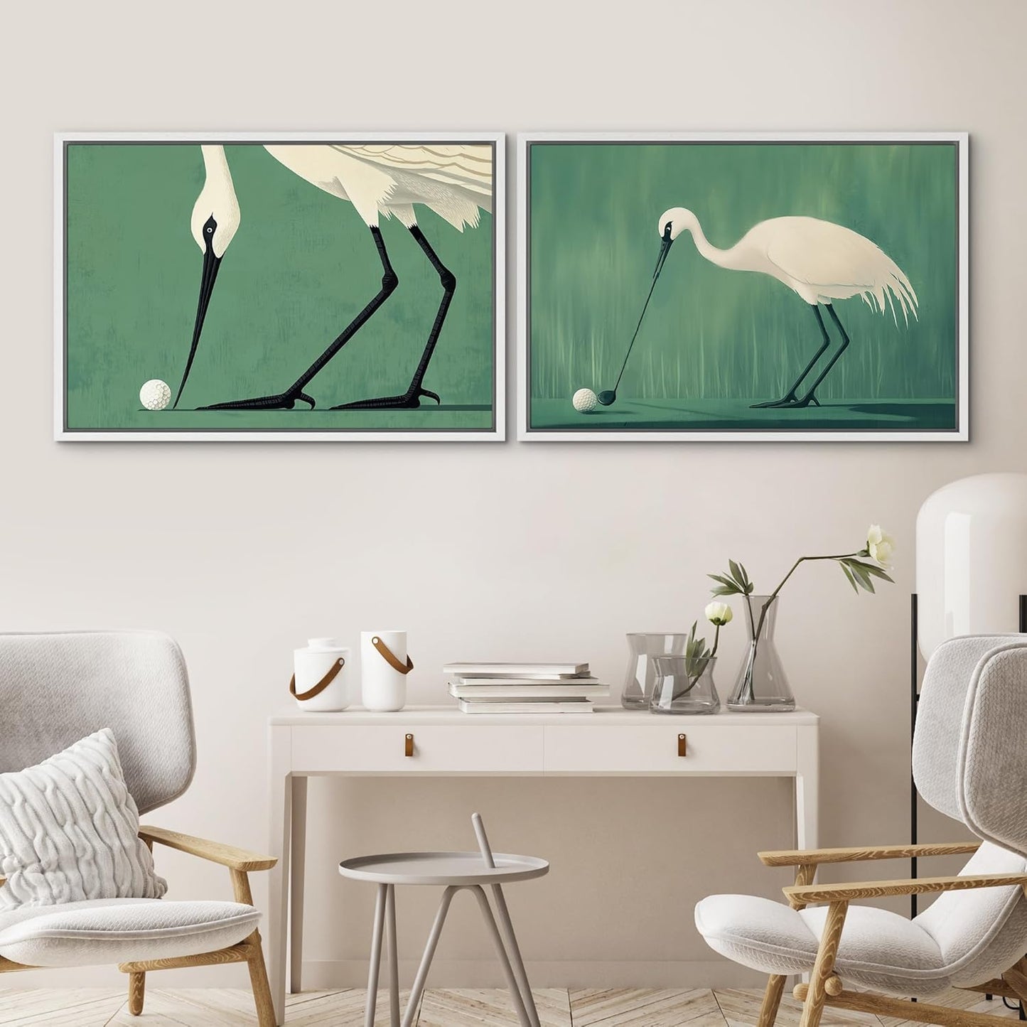SIGNWIN Framed Canvas Print Wall Art Set Funny Crane Playing Golf Whimsical Bird Illustrations Modern Art Rustic Minimal for Living Room, Bedroom, Office - 24"x36"x2 White