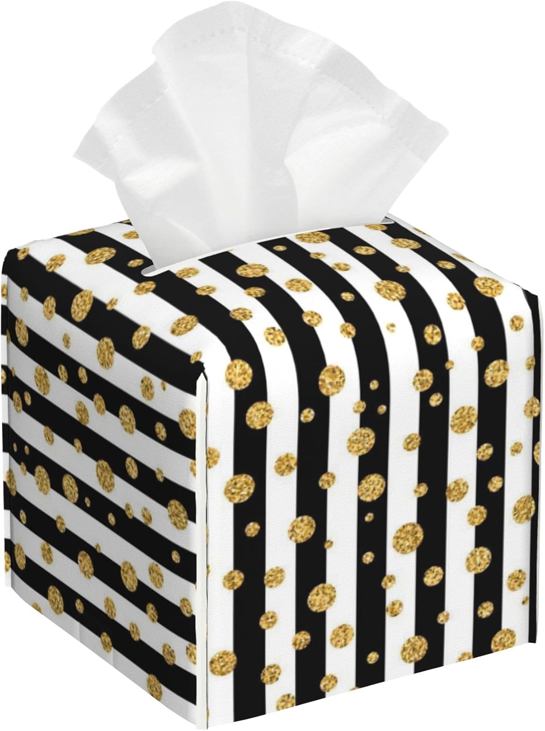 Gold Polka Dot Leather Tissue Holder,Black and White Stripes Square Tissue Box Cover,Modern Decorative Facial Tissue Cube Paper Cover for Car Bedroom Nightstand Vanity Desk Office,5.2" x 5.2" x 5.2"