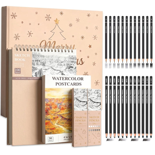 SuFly Sketchbook and Pencils Sets, Sketch Supplies Complete: Sketchbook 9x12, Watercolor Postcards, Graphite (12B-4H), Charcoal Pencils (Hard/Medium/Soft), Sketching Kit for Kids 9-12.