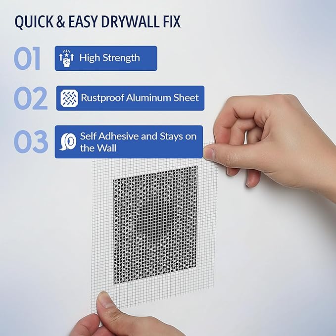 Wall Patch Repair Kit – 4 Self-Adhesive Aluminum Mesh Patches (2 × 4″ + 2 × 6″) with Small & Medium Scrapers & 2 × P180 Sandpapers | Drywall Hole Patch Kit for Sheetrock, Plaster & Ceiling Repair