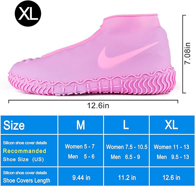 Waterproof Shoe Covers, Silicone Reusable Shoe Cover Non-slip Durable Zipper Elastic Rain Cover Protection for Men Women (XL (Women 11-13, Men 9.5-13), Pink)
