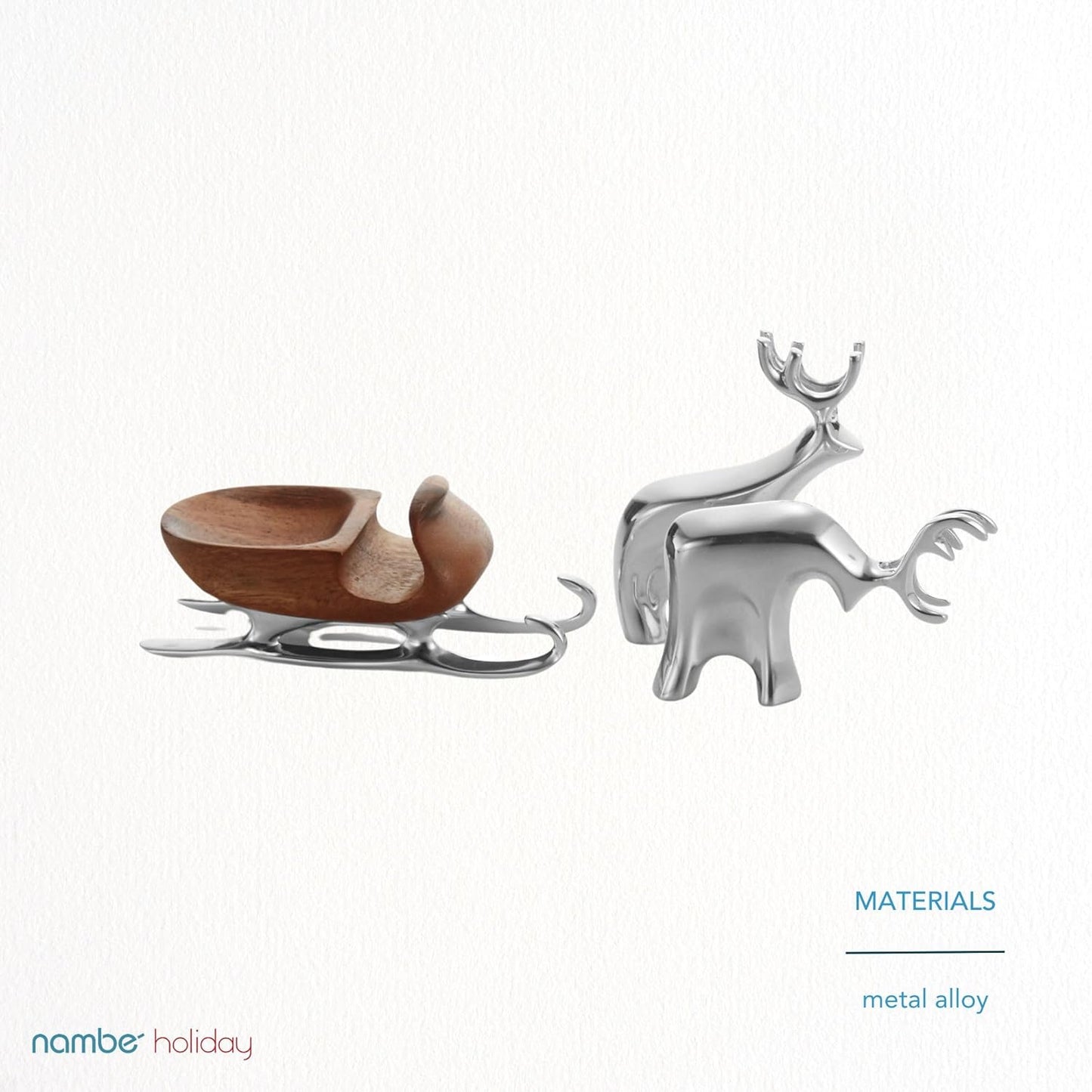 Nambe Miniature Reindeer and Sleigh Set – Holiday Collectible Figurines, Christmas Tabletop Décor for Festive Seasonal Displays, Joyful Winter Centerpiece, Alloy Sculptures for Mantel, Shelf or Table