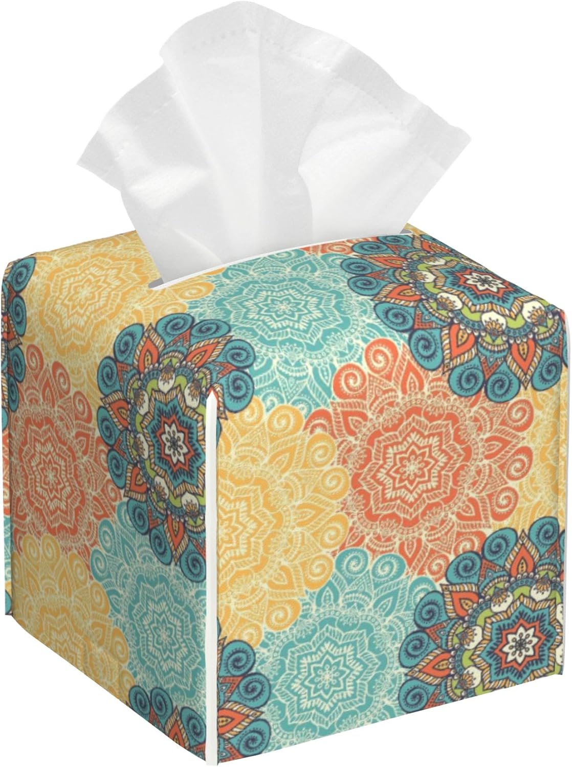 Vintage Floral Motifs Tissue Box Cover Square,Leather Tissue Holder with Bottom Belt,Waterproof Leather Facial Paper Organizer Tissue Box Cover for Office Bathroom Vanity Countertop,5.2" x 5.2" x 5.2"