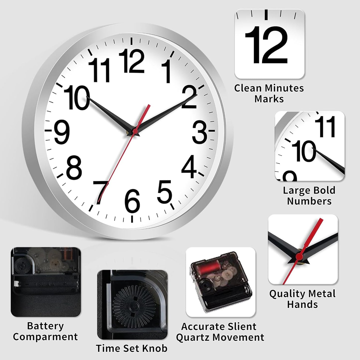 Wall Clock Modern 10 Inch Battery Operated Silent Non Ticking Analog Clock Decorative for Bedroom Kitchen Bathroom Office Home Living Room (Silver)