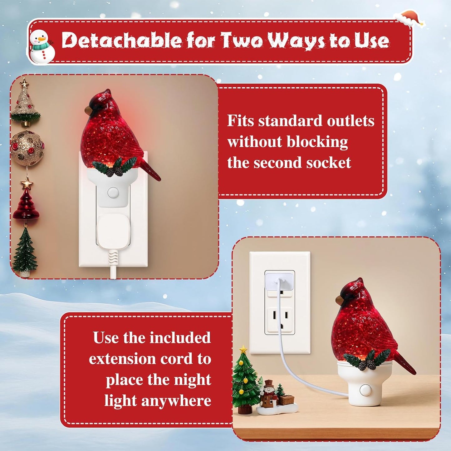 2 Pack Christmas Cardinal Night Light Plug into Wall Glitter Water Nightlight with USB/Outlet Options, Christmas Decorative Nightlight for Bedroom Kitchen Nursery Holiday Decorations Gifts (Cardinal)