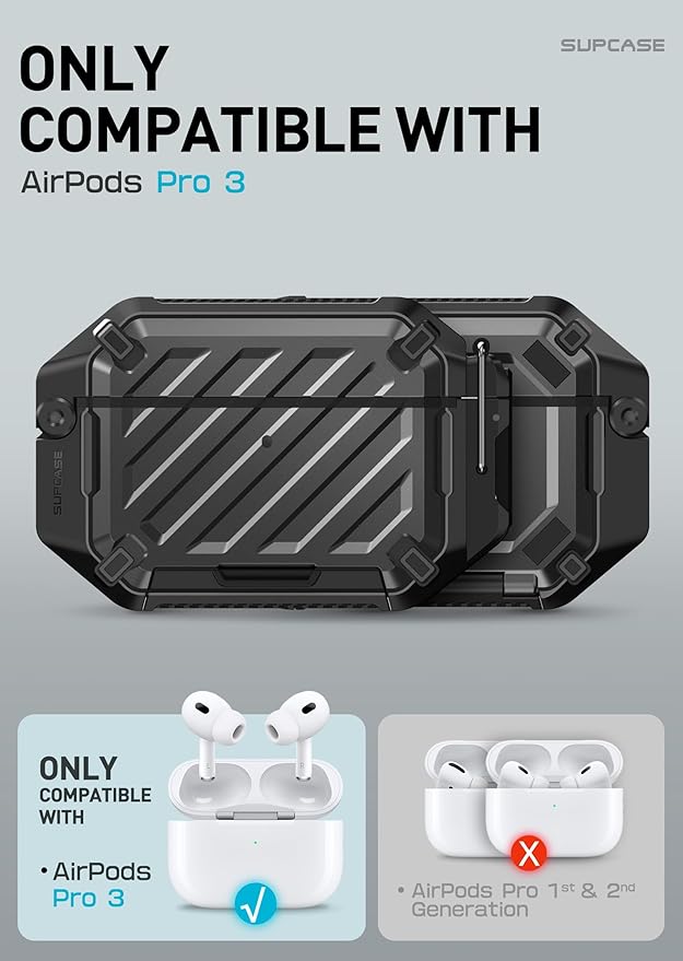 SUPCASE for AirPods Pro 3 Case with Lock & Carabiner, [IP68 Waterproof] [Military-Grade Protection] [Supports Wireless Charging] Anti-Scratch Hard Shell Cover for AirPods Pro 3rd Gen, Black