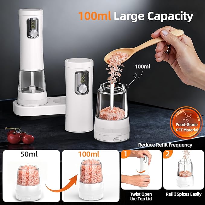 Electric Salt and Pepper Grinder, Rechargeable Automatic Pepper Mill with Base,5-Level Adjustable Coarseness, Display, LED Lighting, Large Capacity-Ideal for Kitchen, BBQ Gifts (1, White-A)