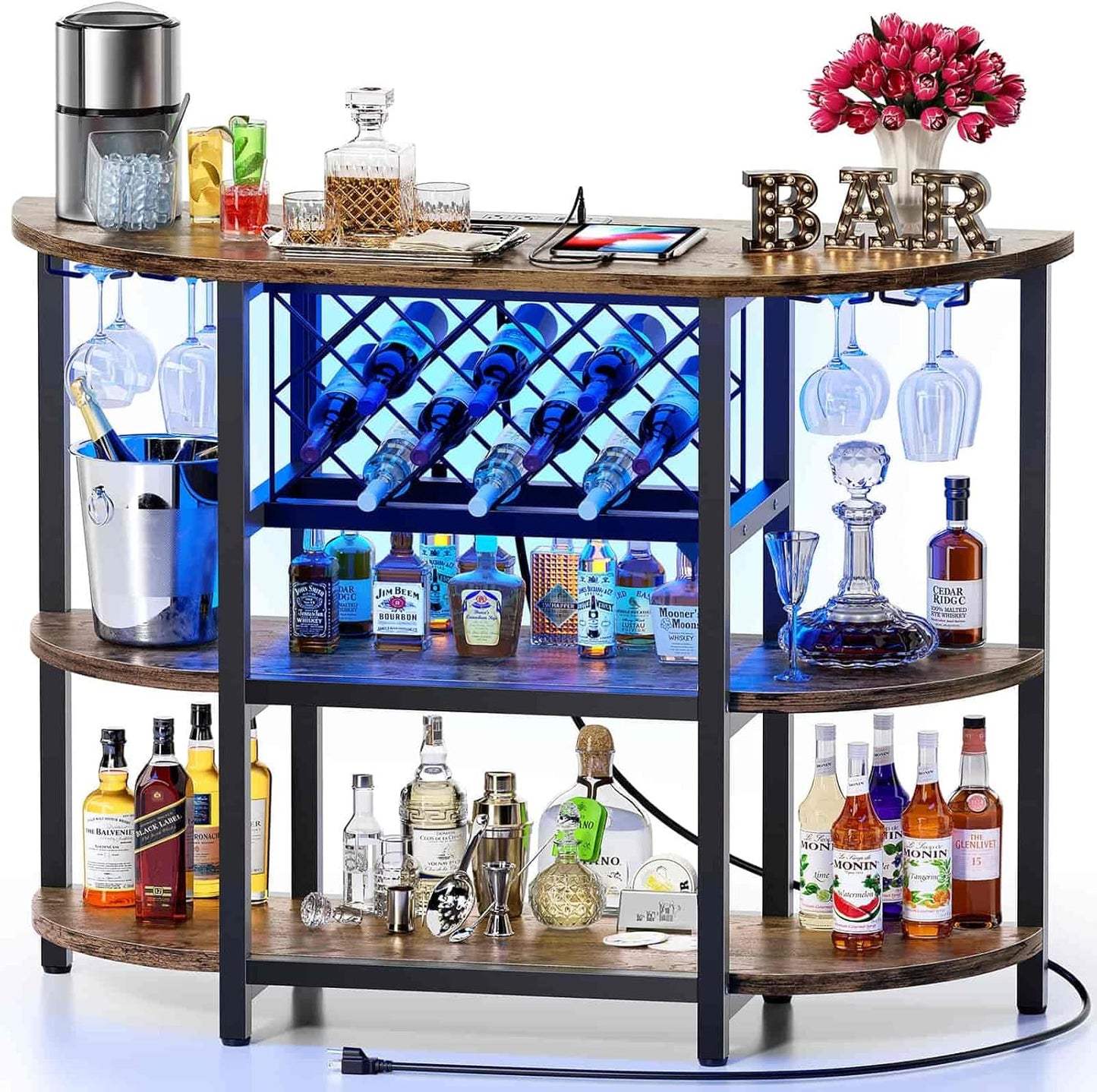 Zarler Bar Cart with Power Outlet Easy to Assemble, LED Home Bar Cabinet for Liquor, 47.3" L x 15.8" D x 36" H Metal Mini Bar Table with 4-Tier Storage, Brown