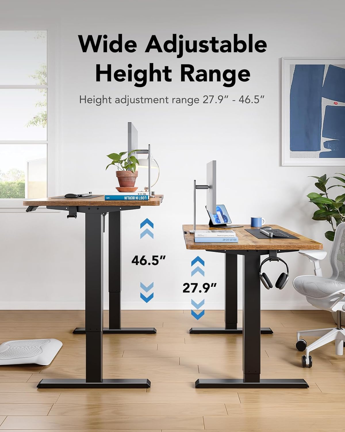 HUANUO 48" x 24" Electric Standing Desk Adjustable Height, 4 Memory Height Settings, Headphone Hook, Cable Manager, Sit Stand Up Desk for Home Office & Computer Workstation, Vintage Brown