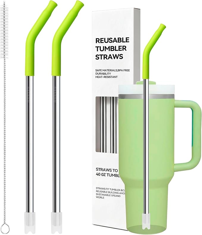 12.2'' Long Metal Straws With Silicone Tip For Stanley 40 oz Tumbler,Stainless Steel Straws Replacement for Stanley Quencher 40oz Cups,Reusable Dishwasher Safe Fit Simple Modern 40oz Big Mugs& Jar