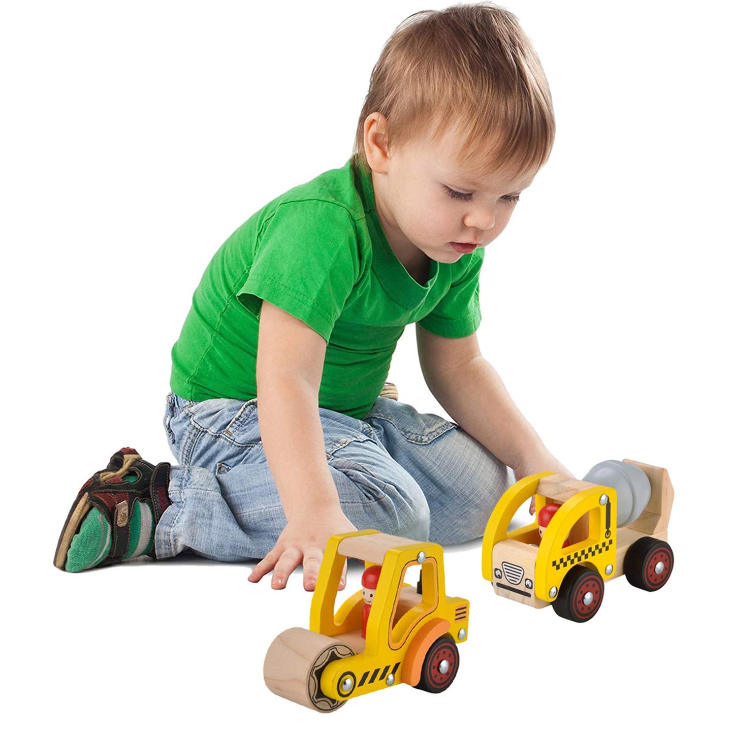 Wooden Push Car Toys for Infants 12-18 Months, 2 Pcs Baby Vehicle Toys Hand Push Car for 1 2 Year Old Boys Girls (Cement Truck + Road Roller)