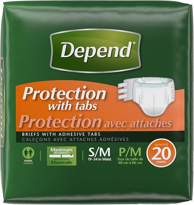 Depend Protection with Tabs, Maximum Briefs S/M, 20 Count 19-34 in Waist