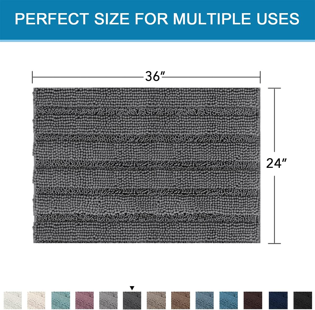 H.VERSAILTEX Bath Mats for Bathroom Non Slip Extra Thick Chenille Striped Bath Rug 24" x 36" Absorbent Non Skid Fluffy Soft Shaggy Rugs Washable Dry Fast Plush Mats for Indoor, Bath Room, Tub - Grey